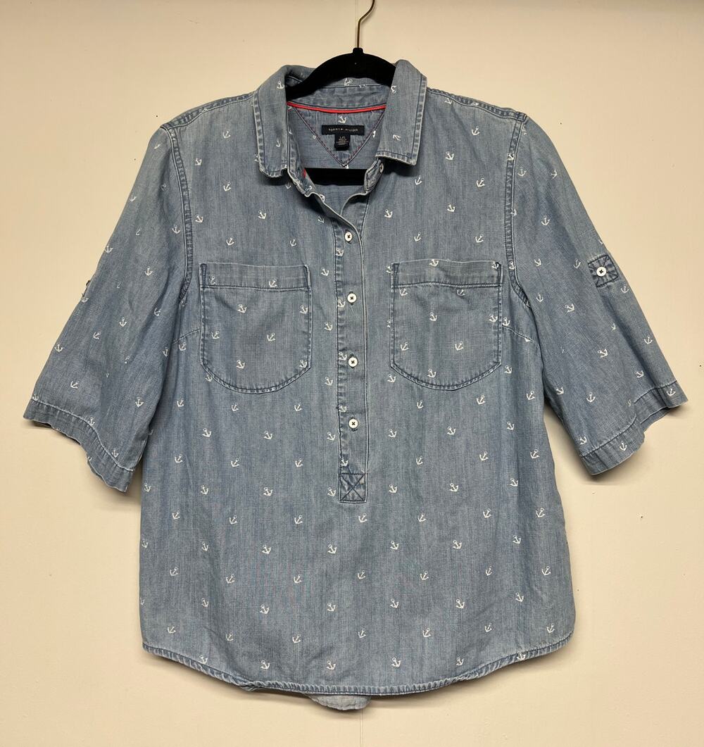 Tommy Hilfiger Anchor Print 1/2 Button Cotton Shirt Womens Large Nautical Beachy
